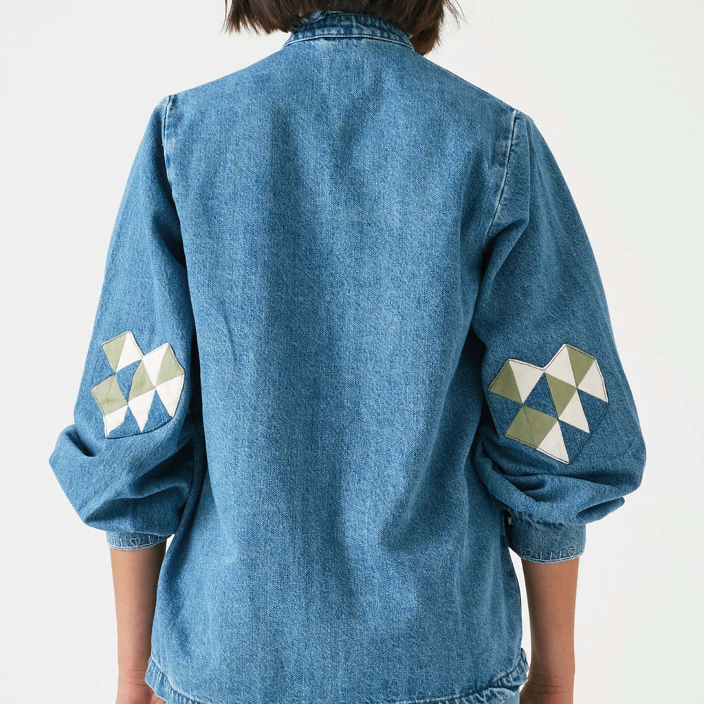 Seventy + Mochi Weekender Dear Pablo Jacket with embroidered floral details and frill collar.