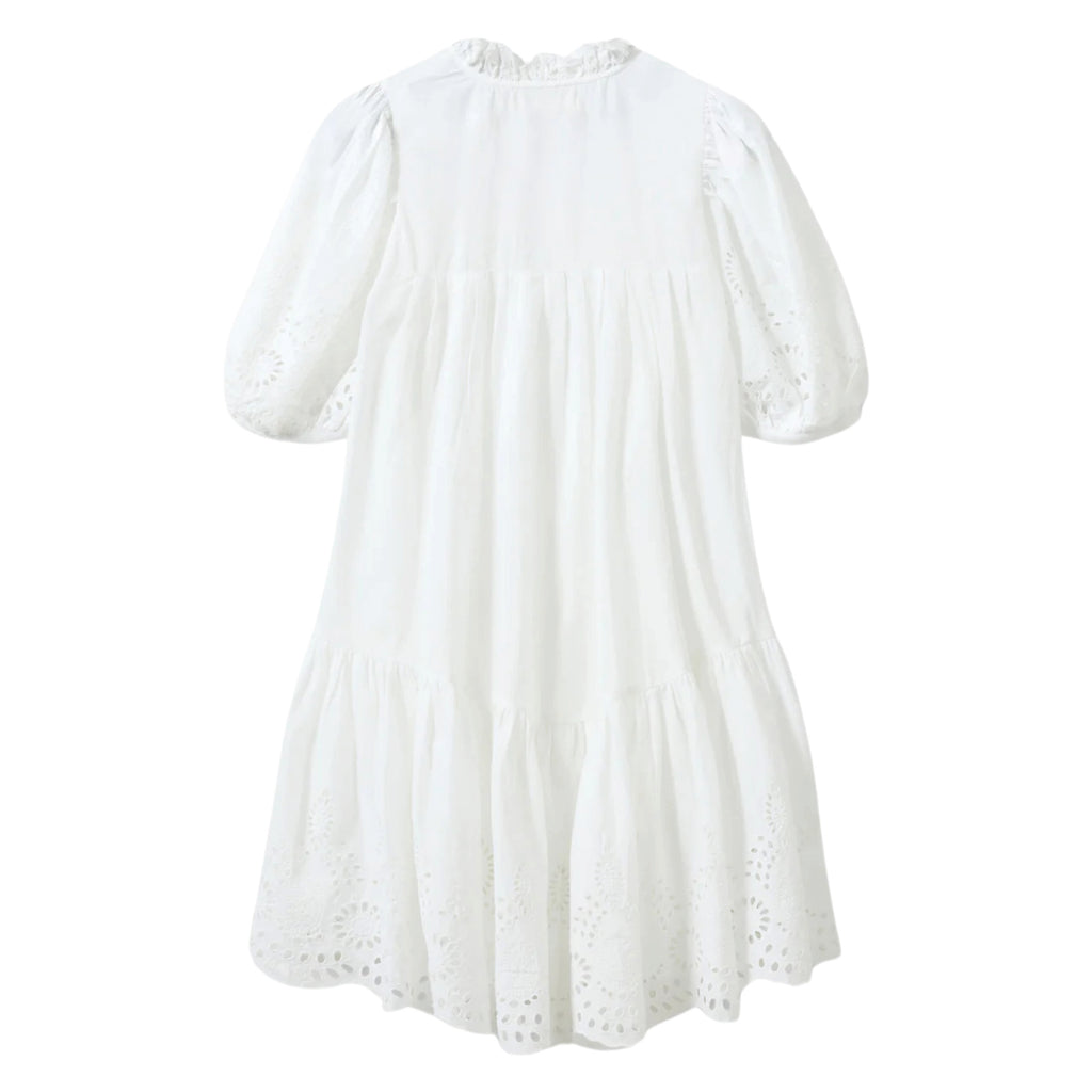 Sofie Schnoor Sibba Snow White Dress with pointelle embroidery, ruffle collar, and short puff sleeves. 
Sofie Schnoor Sibba Snow White Dress - Jo And Co Sofie Schnoor Sibba Snow White Dress - Sofie Schnoor