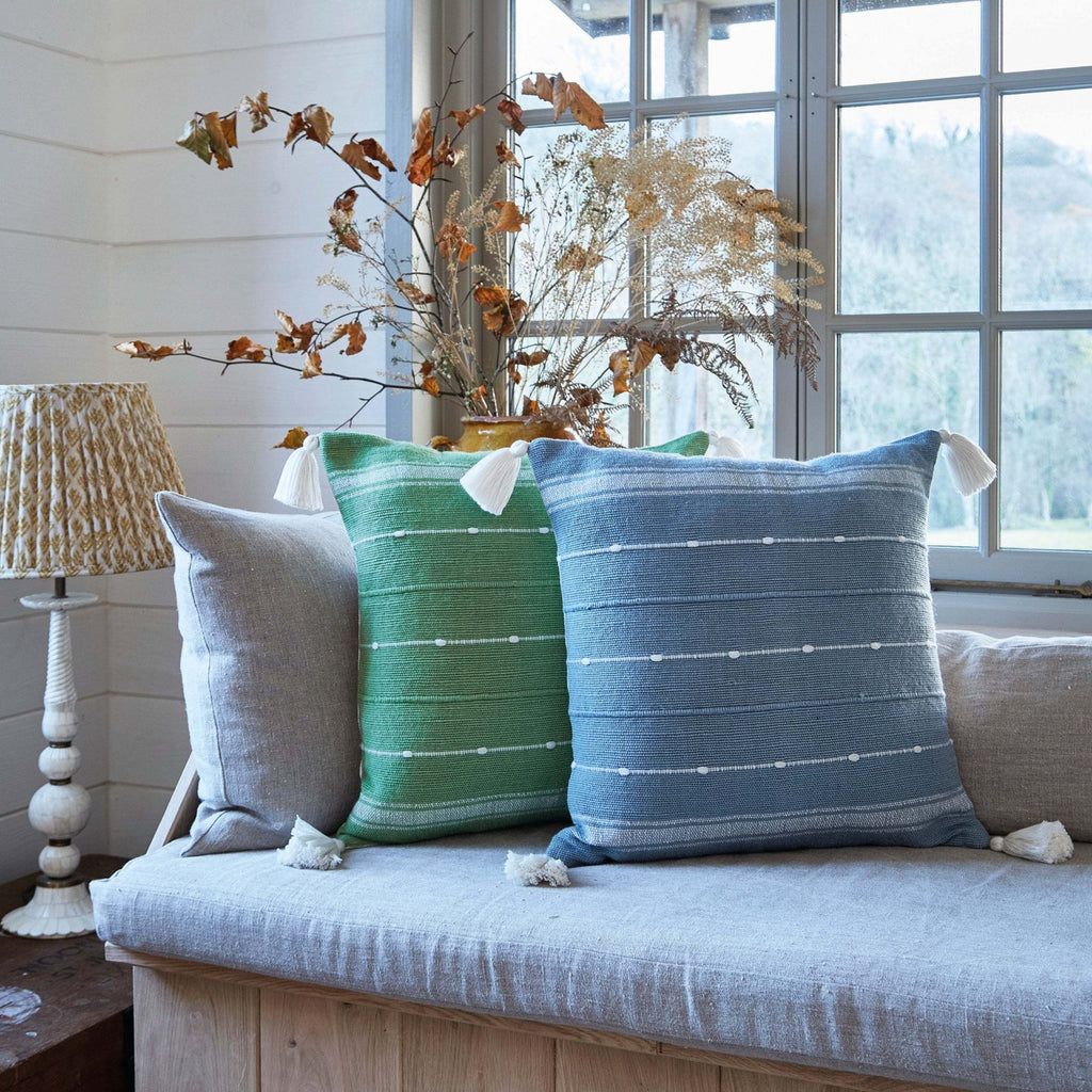 Sky Blue Tassel Cushion with soft tassels and discreet striped design, 45cm x 45cm.