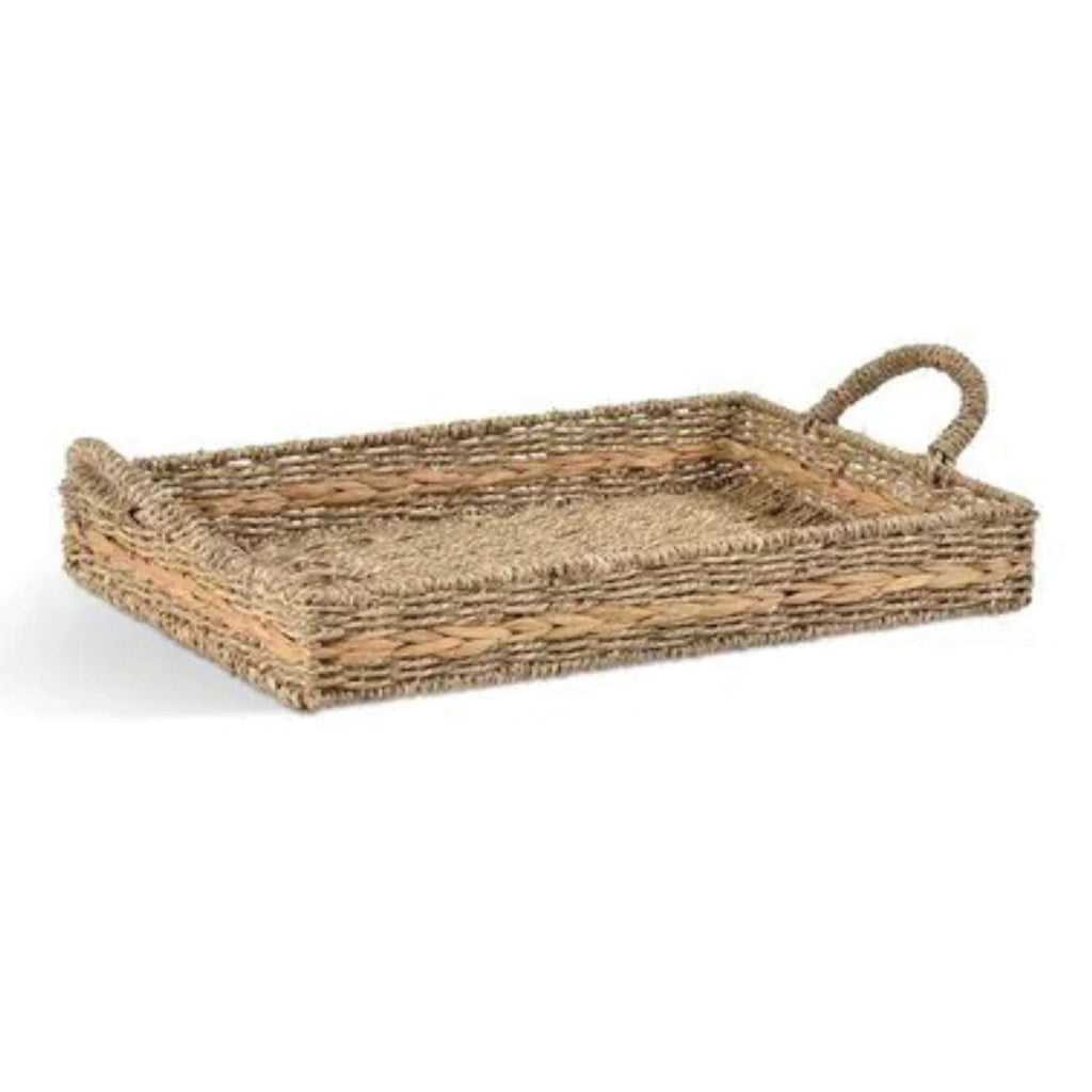 Small Natural Woven Bayford Tray with handles, crafted from twisted seagrass and water hyacinth, on a steel frame.