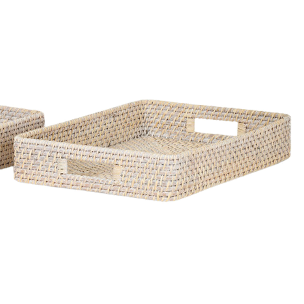 Small white handcrafted rattan rectangular tray with cut-out handles.