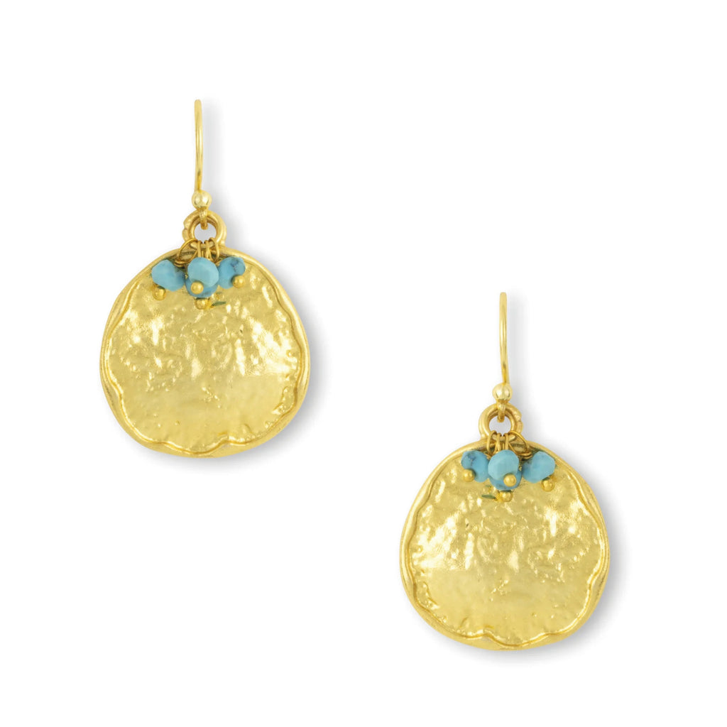 Gold-plated coin earrings with turquoise gemstone beads by Ashiana London.