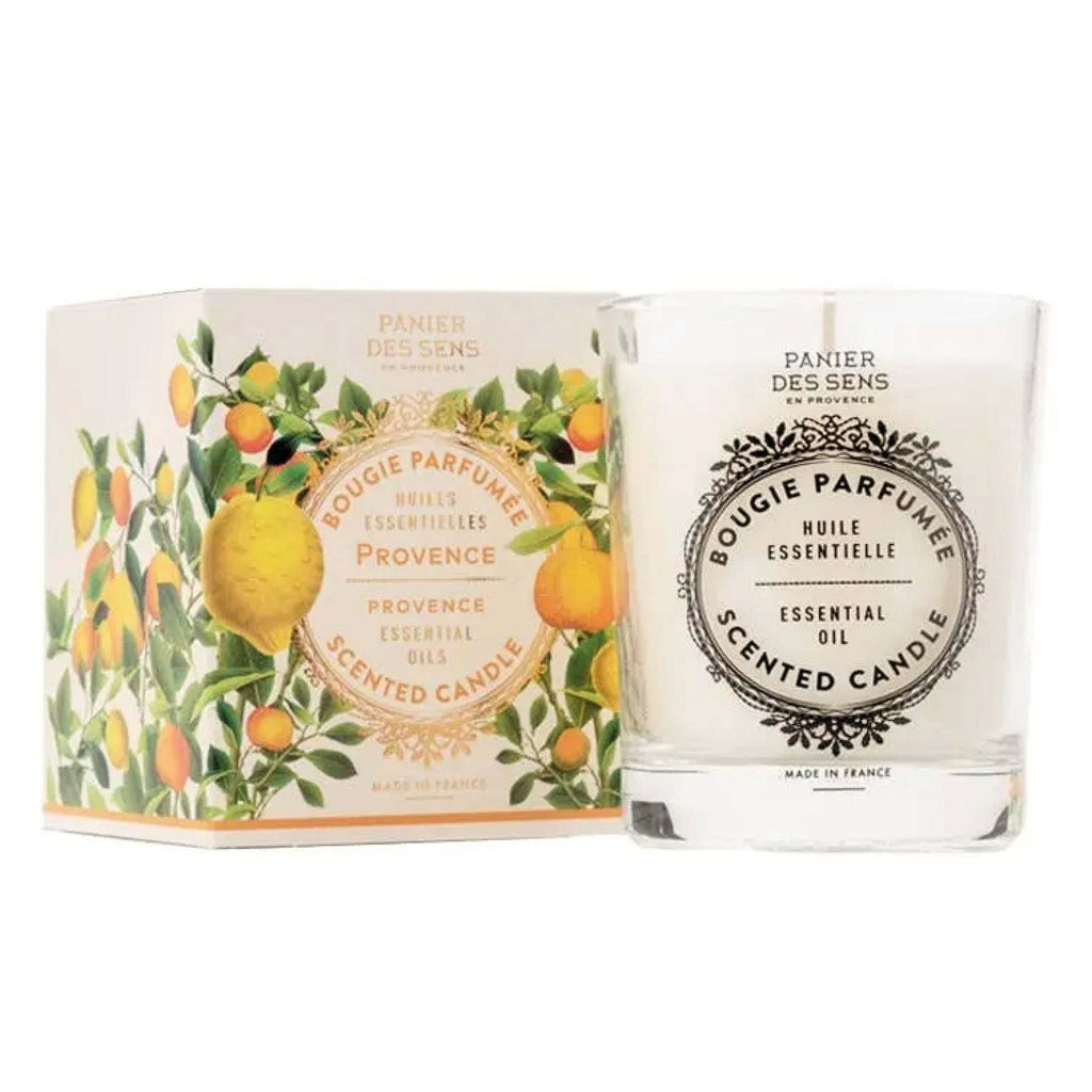 Panier Des Sens Soothing Provence Scented Candle 180g with essential oils of lemon, artemisia, and cypress, offers up to 55 hours of burn time in a vegan-friendly design made in France.