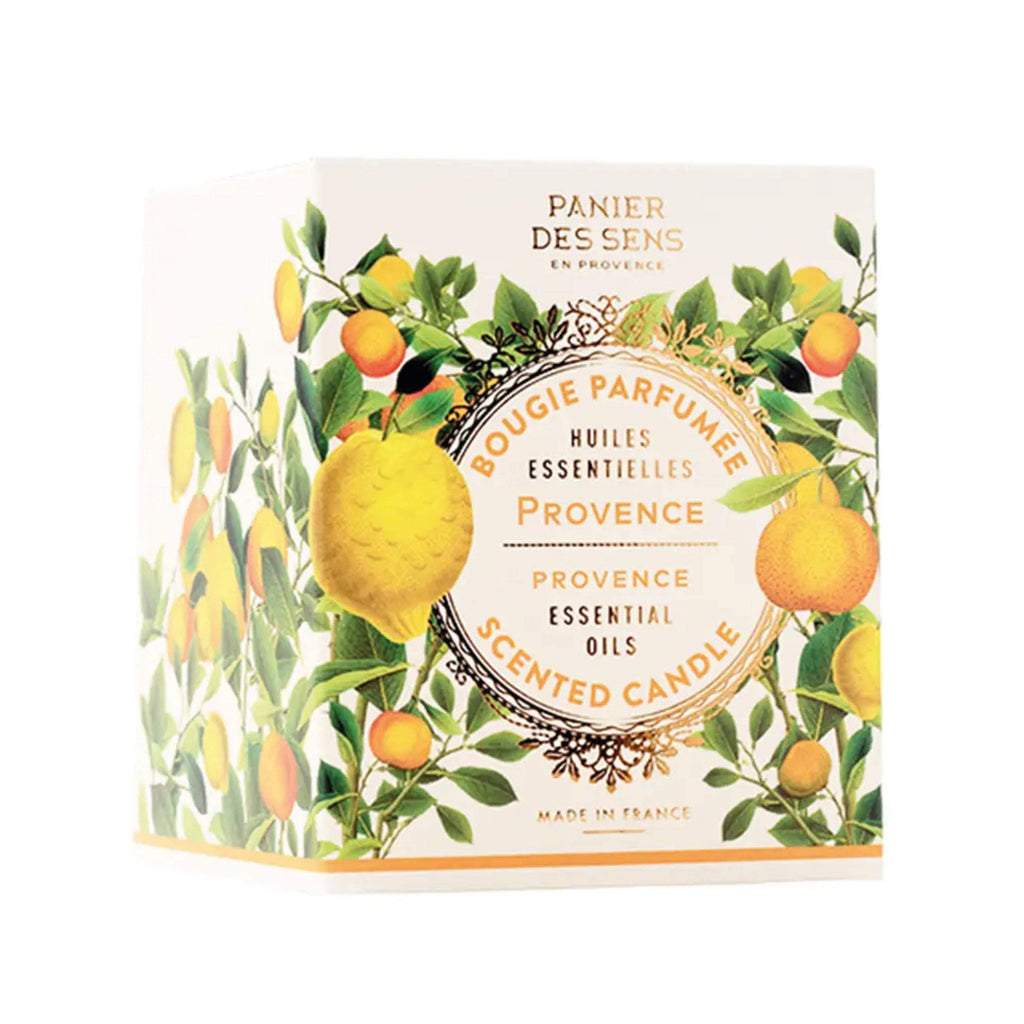 Panier Des Sens Soothing Provence Scented Candle 180g with essential oils, lemon, artemisia, and cypress design.