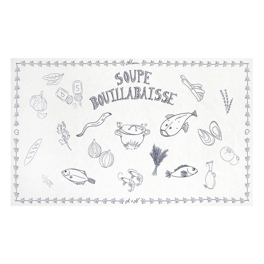 Tablecloth in 100% organic white cotton with French fish soup print.
Soupe Bouillabaisse Tablecloth - Jo And Co Soupe Bouillabaisse Tablecloth - Anna + Nina