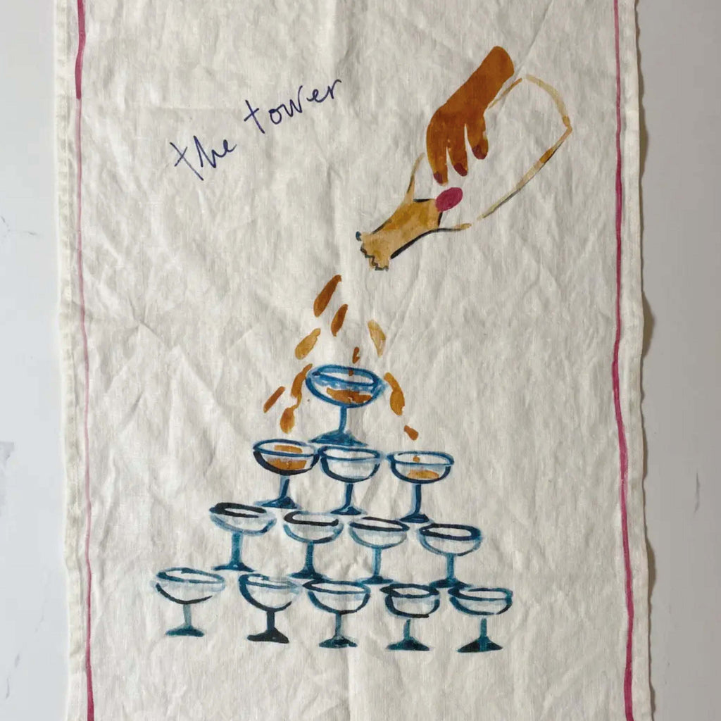 Tower Linen Teatowel with champagne tower design on super soft linen.