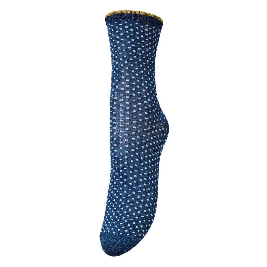 Twilight blue socks with small pale dots by Beck Sondergaard.