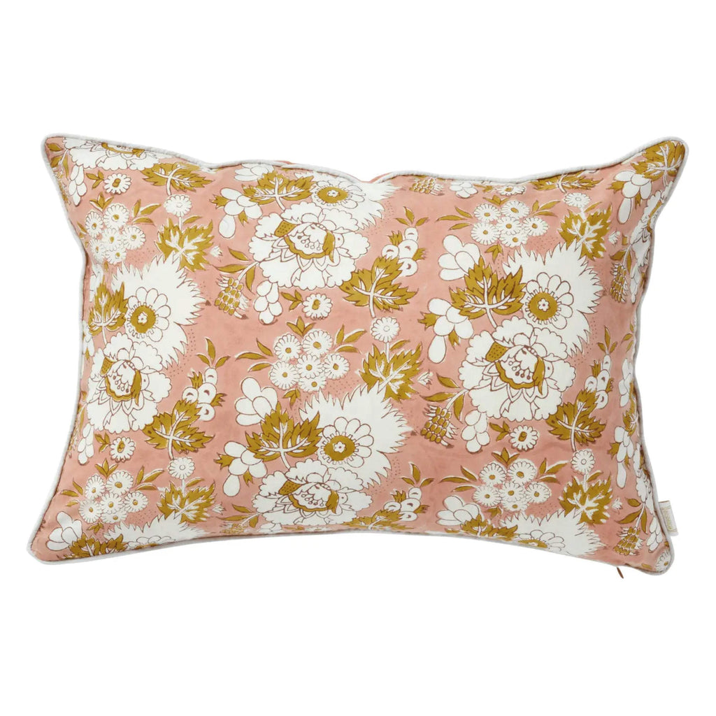 Velvet Pink Indian Flower Cushion with tassels and block print design.