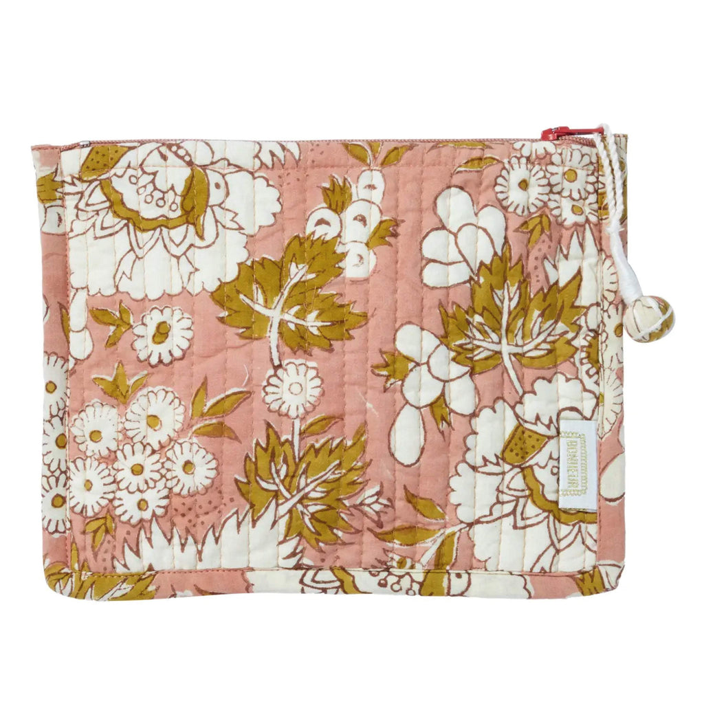 Quilted Vishnu Terracotta Small Pouch with floral print and handmade pompoms.