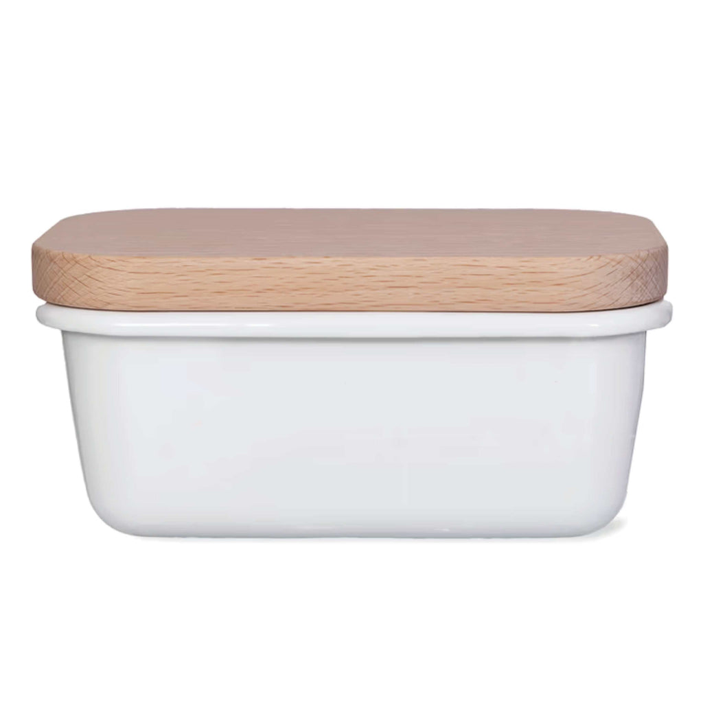 Warm White Enamel Butter Dish with wooden lid, fits 250g block, durable Japanese Carbon Steel base.