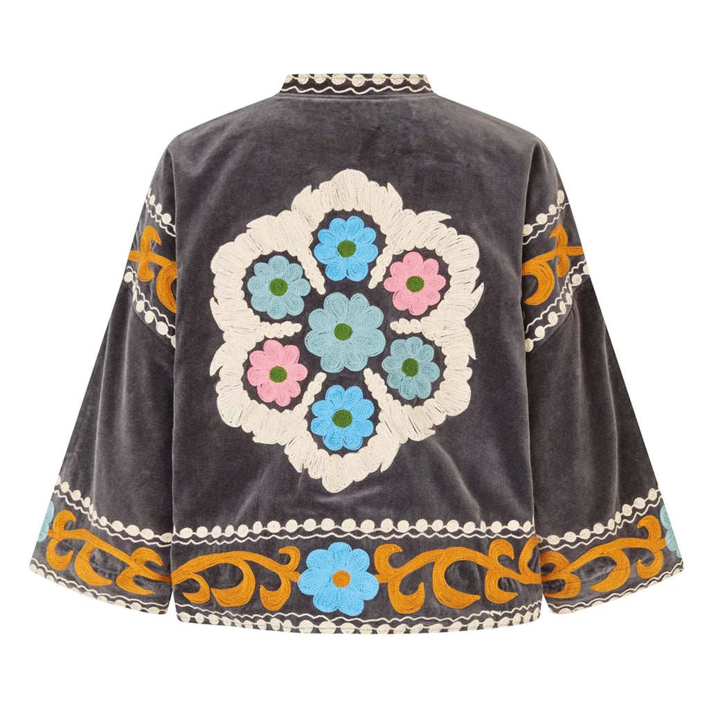 Lollys Laundry Washed Black Amby Jacket with floral embroidery on soft velour.