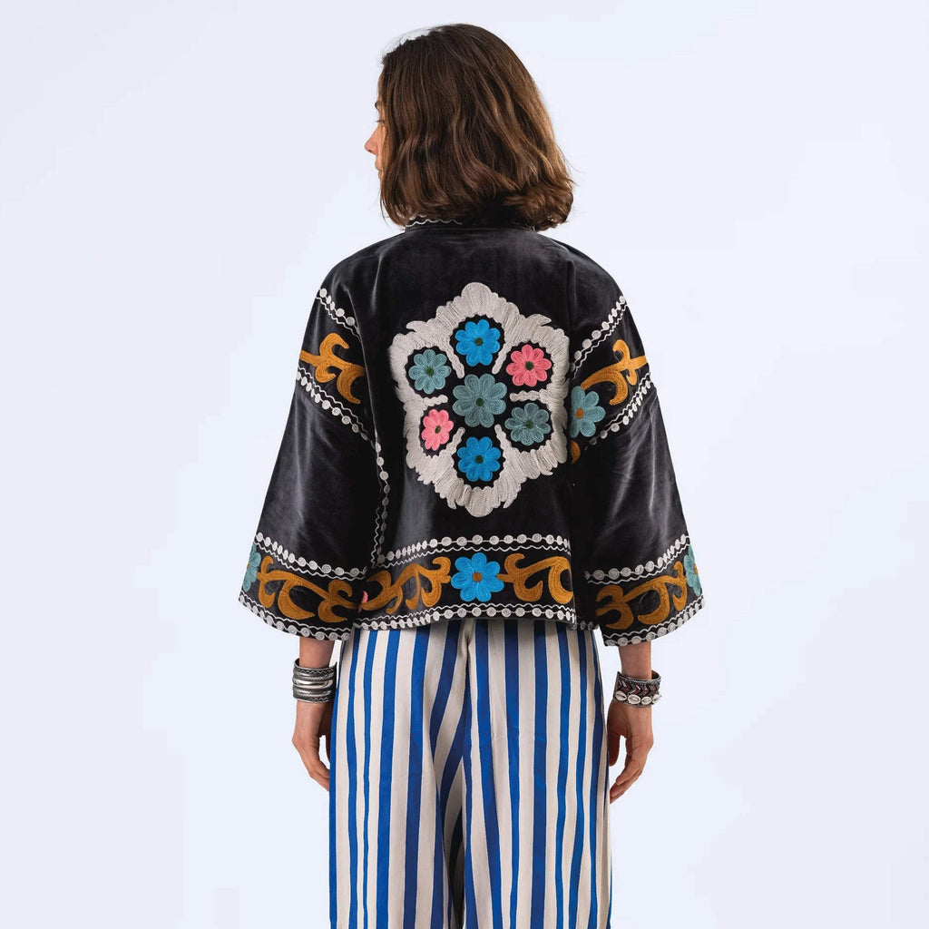 Lollys Laundry Washed Black Amby Jacket with floral embroidery, soft velour, artistic vintage-inspired design.