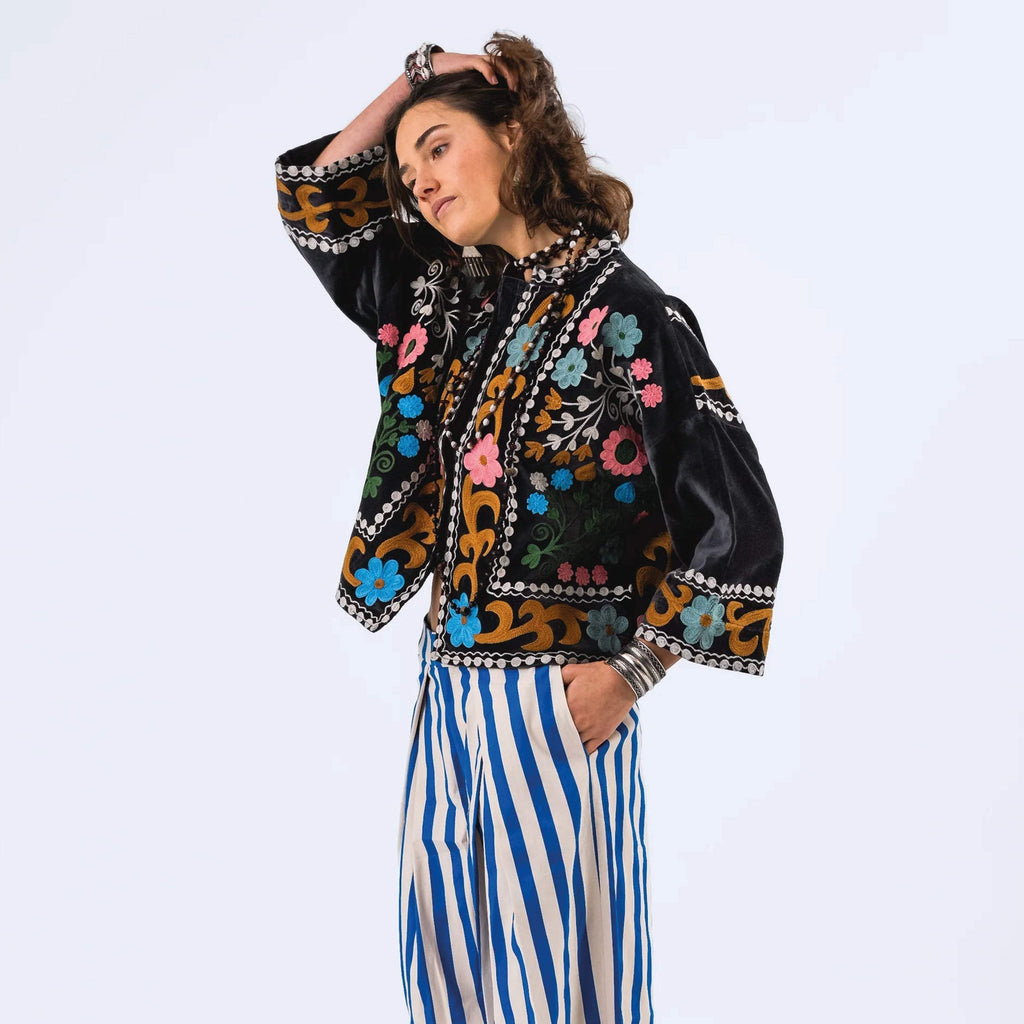 Lollys Laundry Washed Black Amby Jacket with vibrant floral embroidery on luxurious velour.