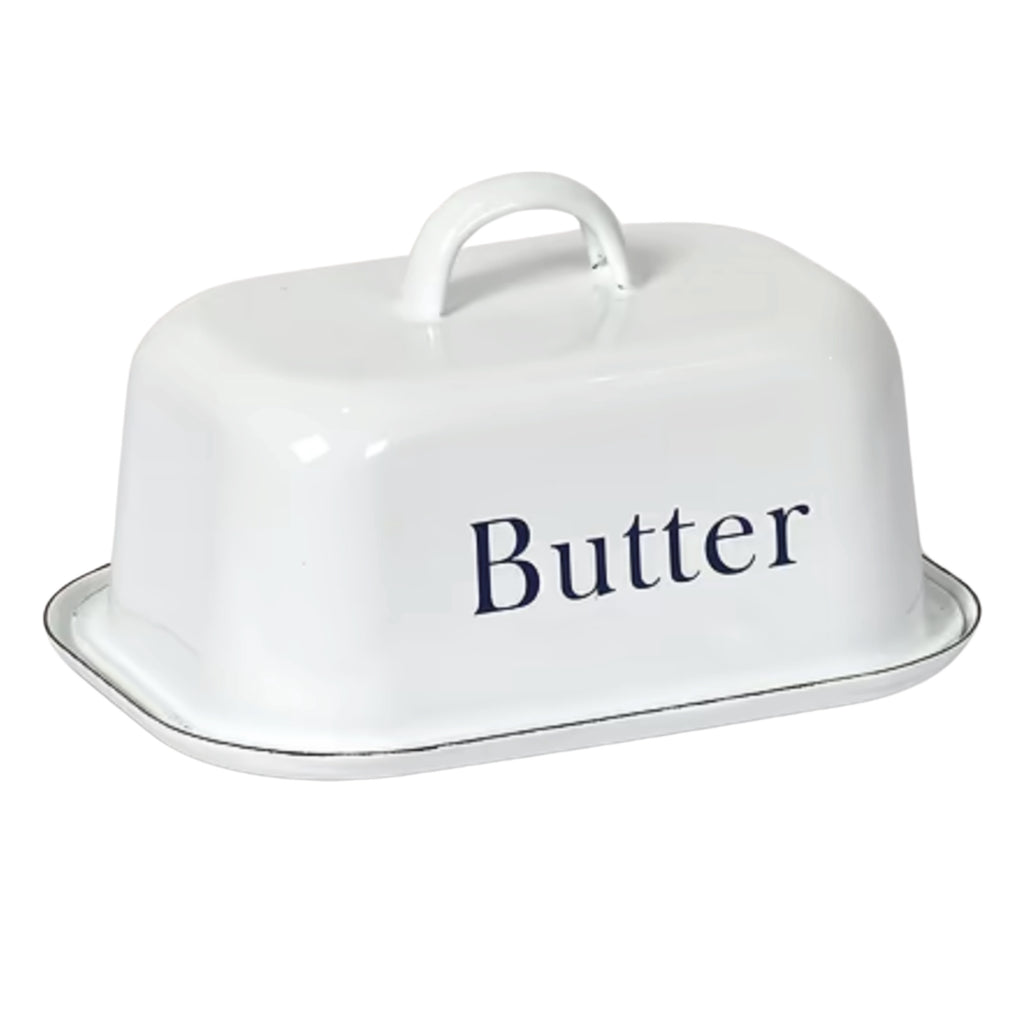 White enamel butter dish with ink detail and "Butter" lettering.
White Butter Dish - Jo And Co White Butter Dish