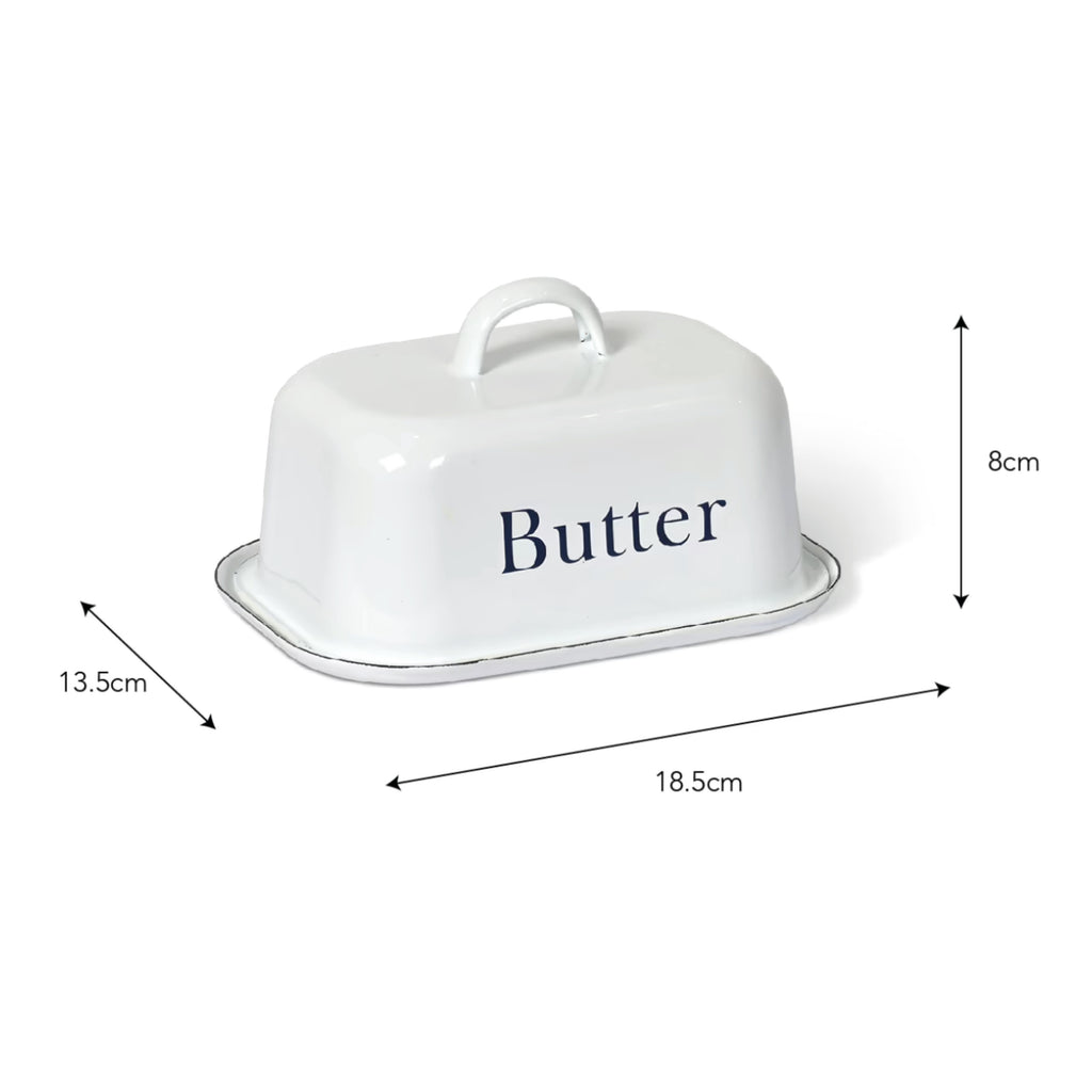 White enamel butter dish with ink detail and "Butter" lettering.
White Butter Dish - Jo And Co White Butter Dish