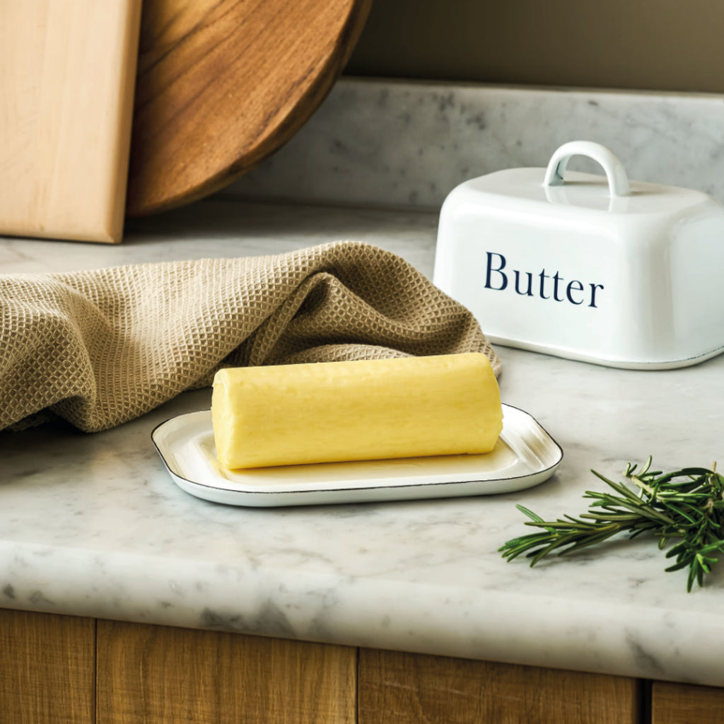 White enamel butter dish with ink detail and "Butter" lettering.
White Butter Dish - Jo And Co White Butter Dish