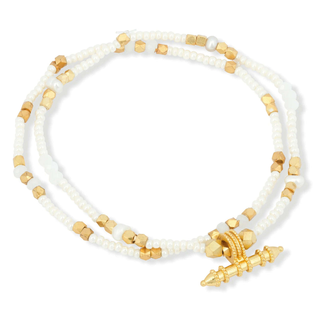 Ashiana London White Jaya Beaded Bracelet with gold bar charm and pearls.