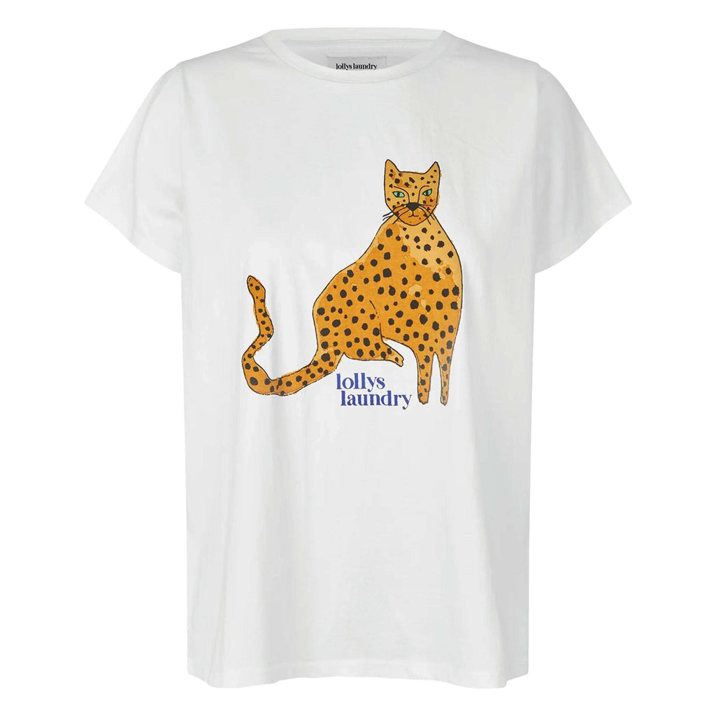 Lollys Laundry White Roma T-Shirt with colorful cat leopard graphic, 100% cotton.