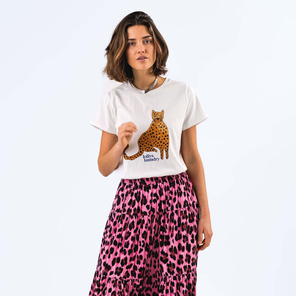 Lollys Laundry White Roma T-Shirt with colorful leopard cat graphic.