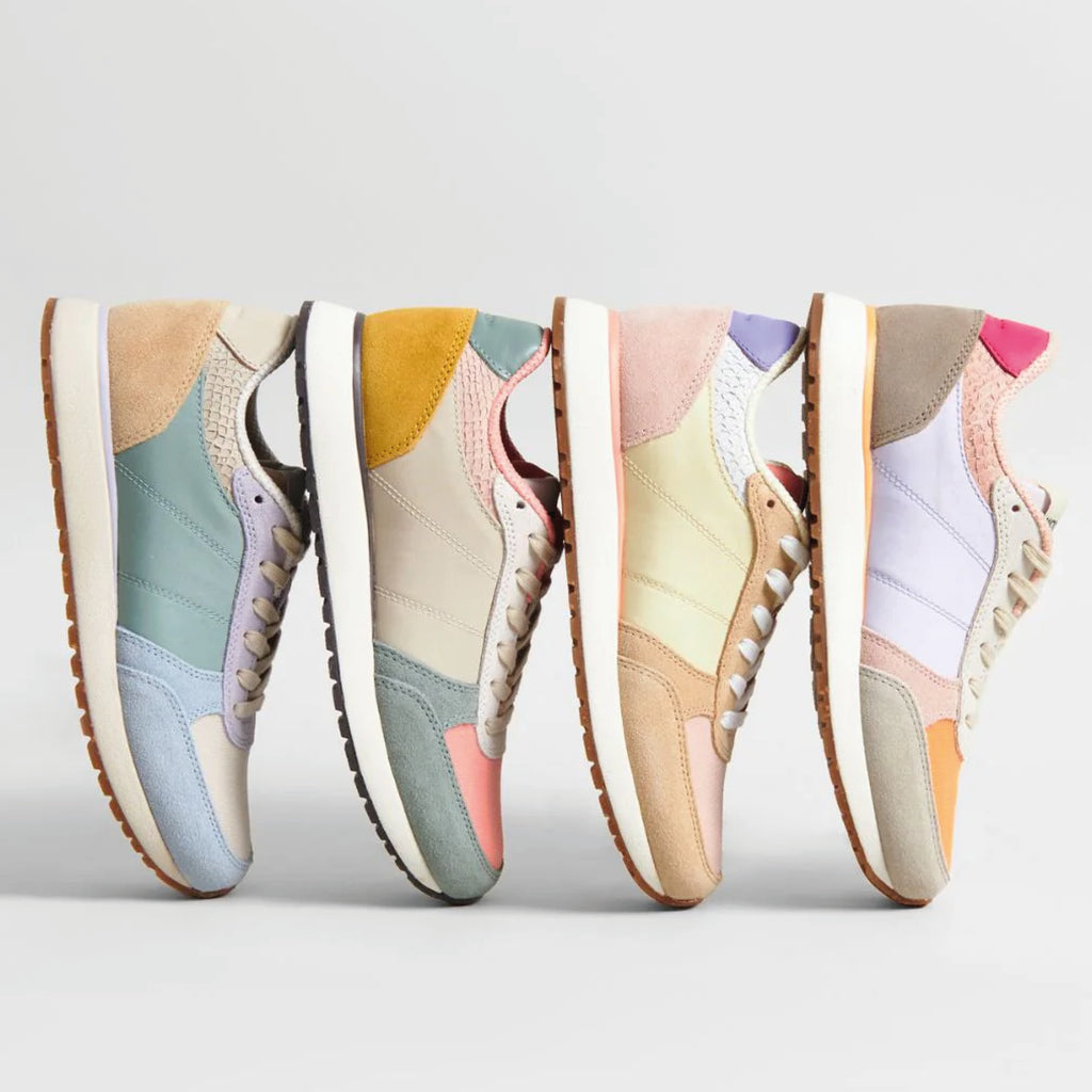 Woden Ronja Pink Sand Multi Sneakers with color block design, leather and textile materials, cork sole, and fish leather heel details.
Woden Ronja Pink Sand Multi Sneakers - Jo And Co Woden Ronja Pink Sand Multi Sneakers - Woden