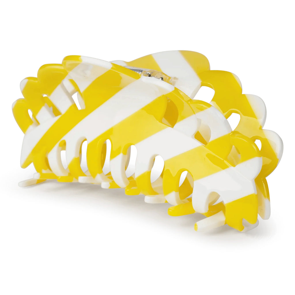 Extra large hair claw in white and bright yellow striped pattern.
Yellow Emma Striped Giga Hair Claw - Jo And Co Yellow Emma Striped Giga Hair Claw - SUI AVA