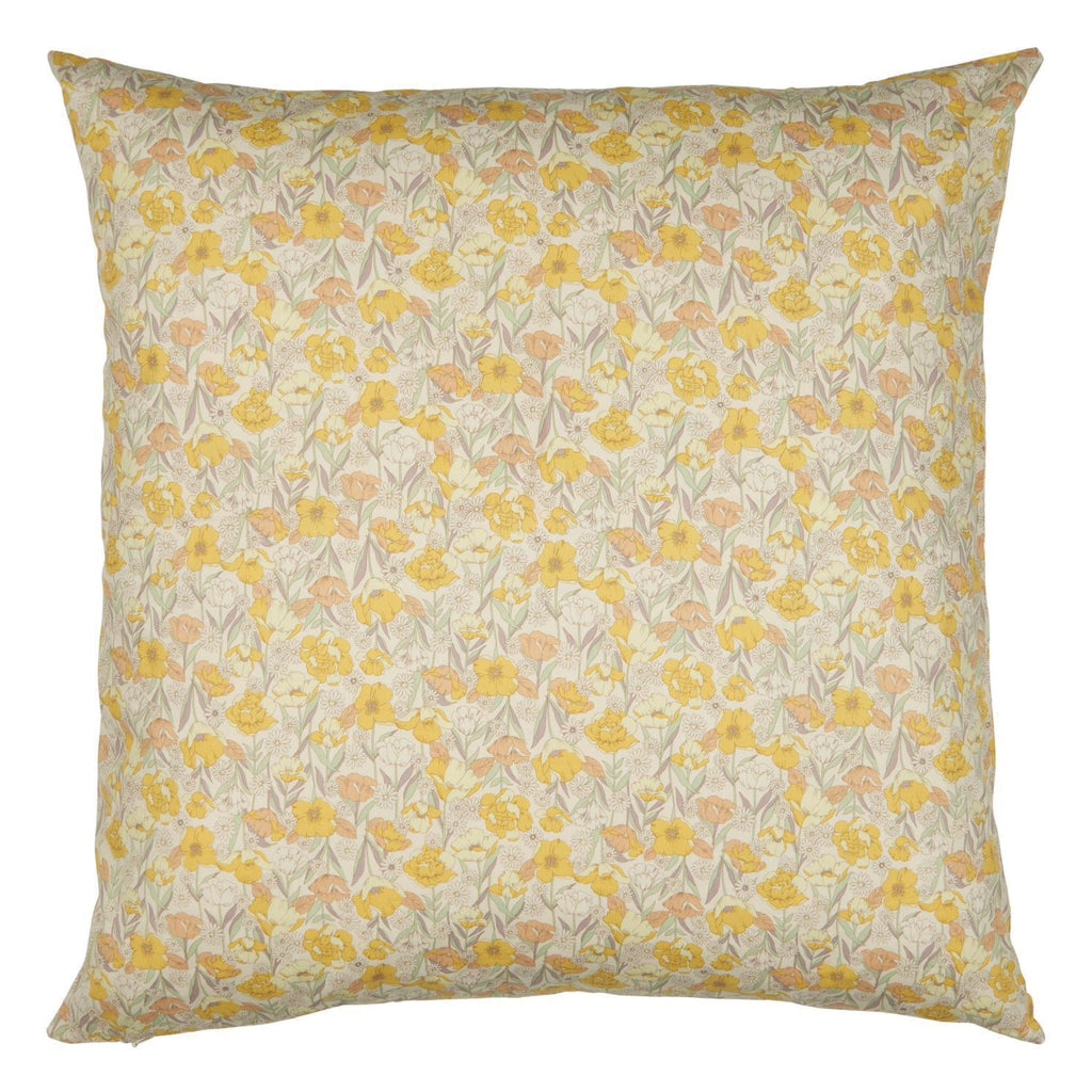 Yellow floral cushion with delicate flowers in yellow, light purple, off white, and green; 60 x 60cm cotton.